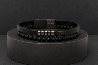 The Hudson Leather & Onyx Gemstone Stack Bracelet
