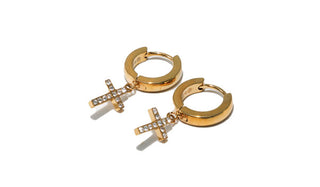Drop Cross Crystal Huggie Earrings
