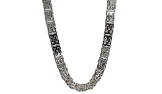 Silver Stainless Steel Flat Bike Chain Statement makers meet your match. This bold Silver Bike Chain is sure to get you the attention and the most bang for your buck! This masculine piece can be very versatile, worn casually or tucked in leaving only a portion of this statement chain to be revealed.