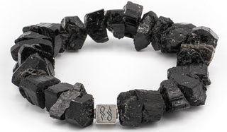 Alt= Black Tourmaline Raw Natural Gemstone Bracelet 925 Sterling Silver Centerpiece cube.