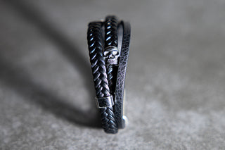 Black Leather Skull Wrap Bracelet
