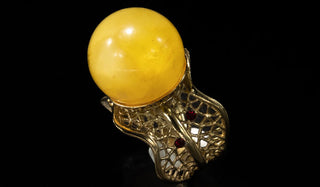 Luxury Sterling Silver Gold Butterscotch Amber & Ruby Gemstone Ball Ring