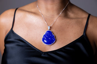 Sterling Silver Lapis Sitting Buddha Necklace Woman Wearing