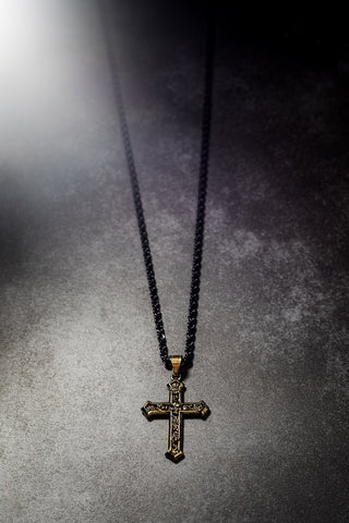 Gold & Black Skull & Roses Cross Necklace