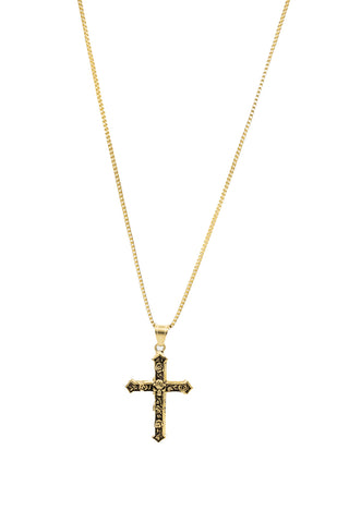 Gold Skull & Roses Cross Necklace Full Length