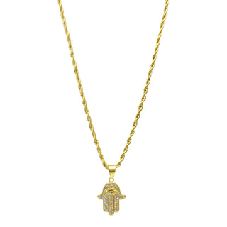 gold handmade 316L high grade stainless steel hand of Fatima necklace pendant is engraved with precision cut Austrian crystals twenty four inch rope chain with a lobster claw clasp 100 percent tarnish free pendant is detachable