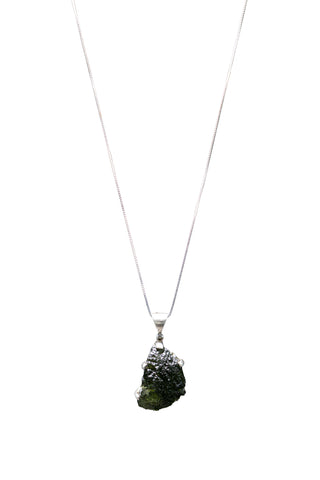 Sterling Silver Adjustable Half-Moon Moldavite Necklace full length