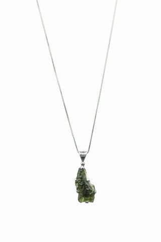Sterling Silver Asymmetrical Spiritual Moldavite Necklace full length
