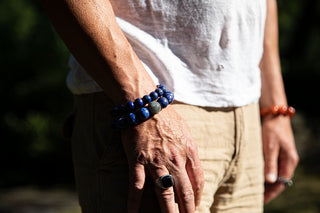 Alt= Male model wearing two Lapis Lazuli Gemstone Bracelets