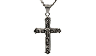 Silver Skull & Roses Cross Necklace