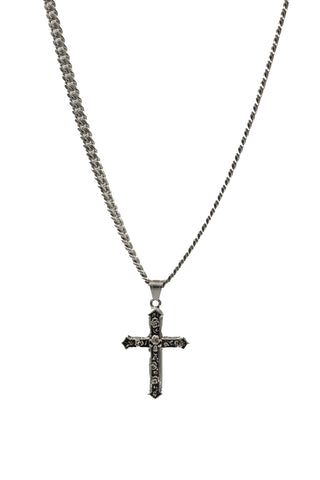 Silver Skull & Roses Cross Necklace full length