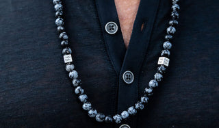 Alt= Male wearing Snowflake Obsidian Gemstone Necklace