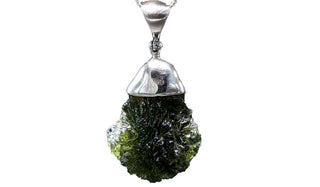 Sterling Silver Adjustable Bell-Shaped Moldavite Necklace close up