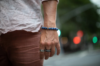 Alt= Male wearing Kyanite Natural Gemstone 925 Sterling Silver Centerpiece Bracelet.