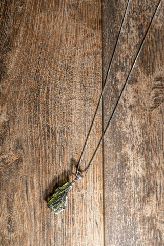 Sterling Silver Asymmetrical Spiritual Moldavite Necklace lifestyle img