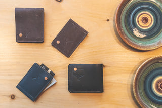 PlayHardLookDope Top Grain Wallet Collection on display in brown, ocean blue and black
