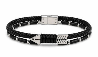 Black braided bracelet with silver accents on a white background Leather Jimmy Arrow Bracelet