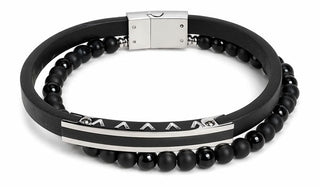 Black beaded bracelet with metallic accents on a white background Leather & Onyx Gemstone Thomas Bracelet
