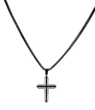 PRODUCT FEATURES:  High-Grade 316L Stainless Steel 3mm Black Box Chain, Lobster Claw Clasp Black & Blue Cross Pendant 2.3'' Pendant Length 13'' Pendant Width Tarnish-Free Water-Resistant Designer's Notes:  Shop our Black & Blue Cross Pendant Necklace for a detailed look & feel. This design and chain length is perfect for layering and styling with others in your collection.