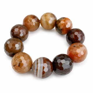 A beaded stretch bracelet made of faceted round agate beads in various earthy shades of brown, tan, orange, and striped patterns, displayed on a clean white background.