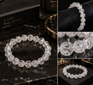 A collage showing a clear faceted bead bracelet in multiple close-up views. The bracelet is made of transparent round beads with visible internal crystalline or fibrous texture, photographed on a dark marble surface and black display fabric.