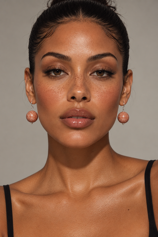 Model jenna wearing peach faceted moonstone earrings