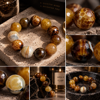 A collage of close-up product photos showing a beaded bracelet made of polished stone beads in earthy brown, amber, cream, and marbled tones. The bracelet is displayed on stone slabs and a dark marble surface, with several panels showing detailed views of individual beads.