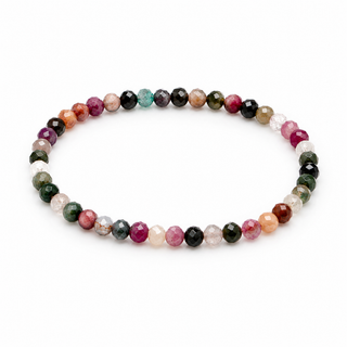 A beaded stretch bracelet made of faceted round gemstone beads in multiple colors, arranged in a circle on a plain white background.