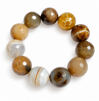 A beaded bracelet made of polished round gemstone beads in earthy brown, tan, gray, and white tones, arranged in a circle on a white background.