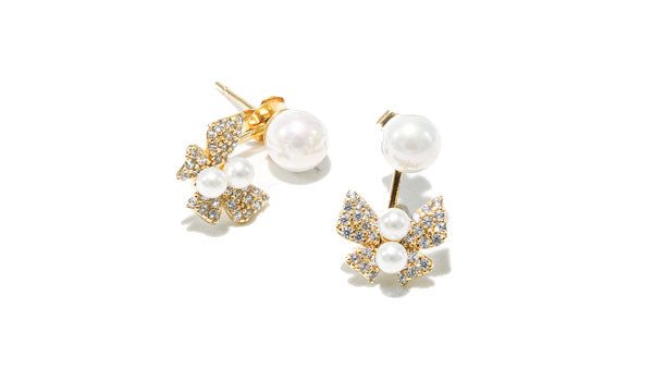 Gold Sterling Silver Bow & Pearl Earrings