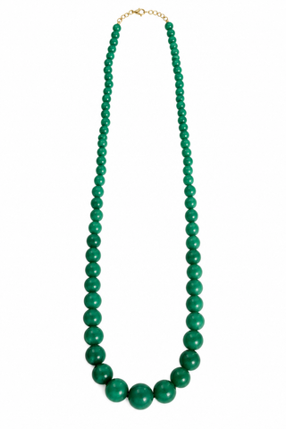 A green beaded necklace with large round beads and a gold-tone clasp, displayed on a clean white background.