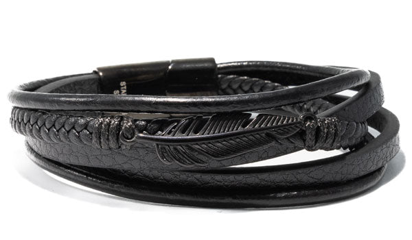 Black Feather Design Leather Wrap Bracelet