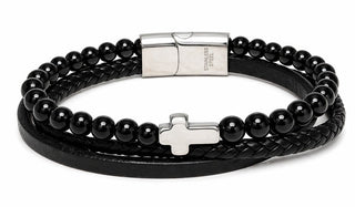 Black beaded bracelet with silver clasp and cross charm on a white background Leather Cross & Onyx Gloss Natural Gemstone Wrap Bracelet