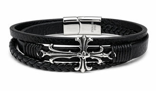 Black leather bracelet with silver cross design on a white background Targaryen Cross Leather Wrap Samson Bracelet