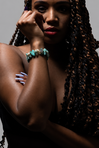 Model wearing raw amazonite NSB