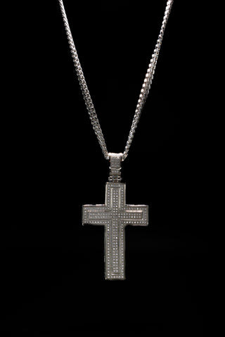 Silver Stainless Steel Oversized Double Cross Pendant Necklace full length