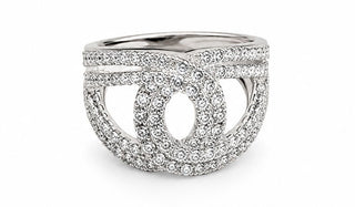 Silver ring with clear gemstones on a white background