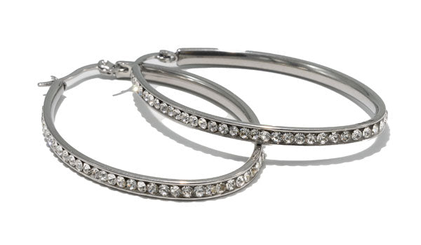 Silver Large Oval Crystal Hoop Earrings
