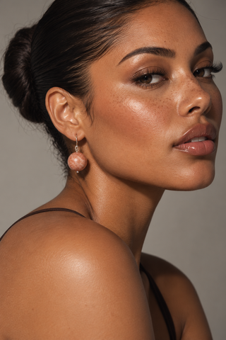 Model jenna closeup of faceted moonstone earrings