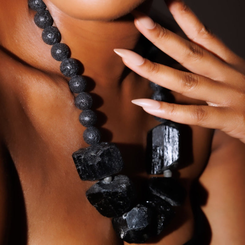 Luxury Black Tourmaline & Black Lava Gemstone Necklace