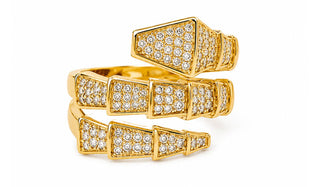 A gold snake-bone style ring set with multiple rows of pavé diamonds, shown on a clean white background.