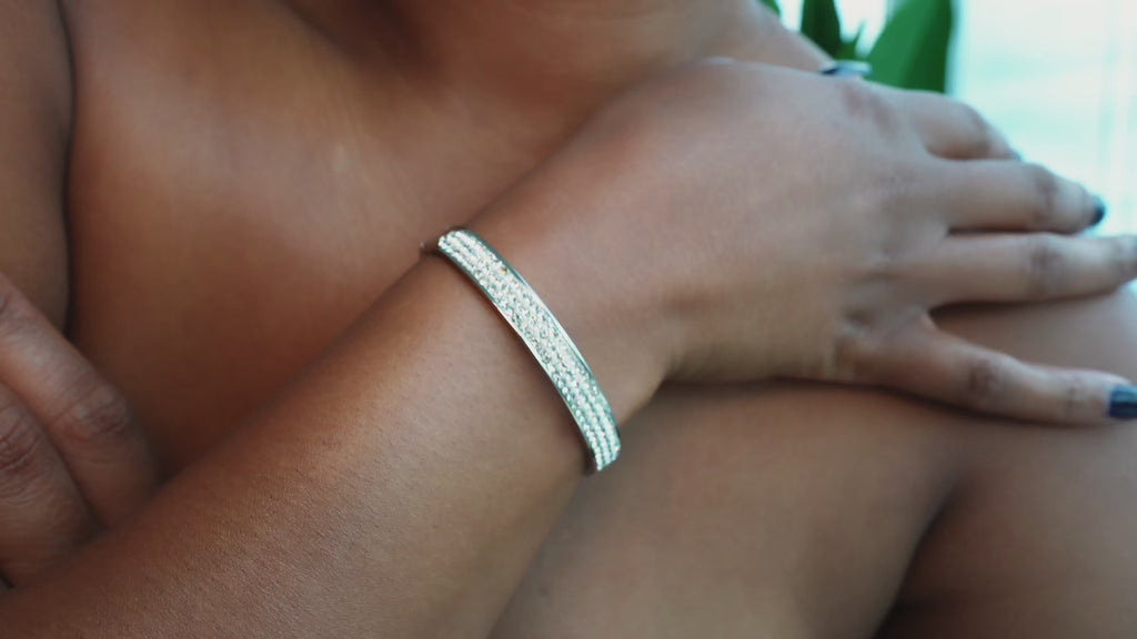 black woman wearing Silver Crystal Fitted Vivian Bracelet