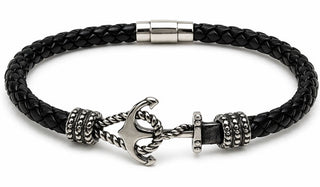 Black braided leather bracelet with silver anchor charm on a white background Leather Anchor Bracelet silver