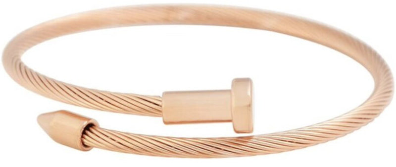 rose gold stainless steel cable wire nail design bracelet completely adjustable by pulling the ends of the nail to your liking hand wrapped using four feet of cable wire designed and handmade by playhardlookdope free size one size fits most 