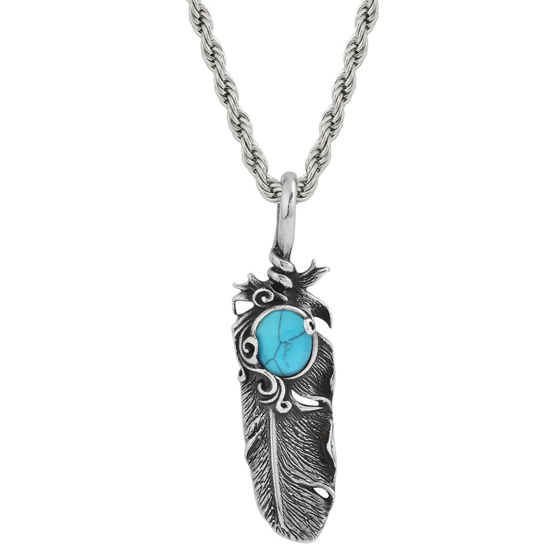 Silver Stainless Steel Leaf Design Turquoise Stone at center
