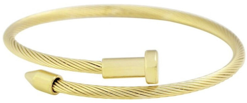 gold stainless steel cable wire nail design bracelet completely adjustable by pulling the ends of the nail to your liking hand wrapped using four feet of cable wire designed and handmade by playhardlookdope free size one size fits most 