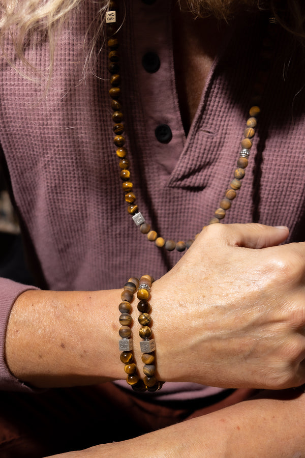Sterling Silver Tigers Eye Gloss & Matte Natural Gemstone Bracelet