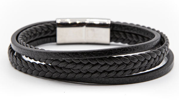 Alt=Black Leather layered bracelet.