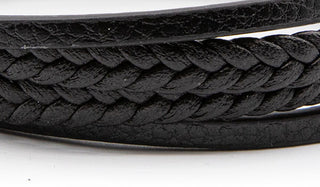 Alt=Black leather bracelet close up.