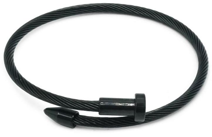 black stainless steel cable wire nail design bracelet completely adjustable by pulling the ends of the nail to your liking hand wrapped using four feet of cable wire designed and handmade by playhardlookdope free size one size fits most 